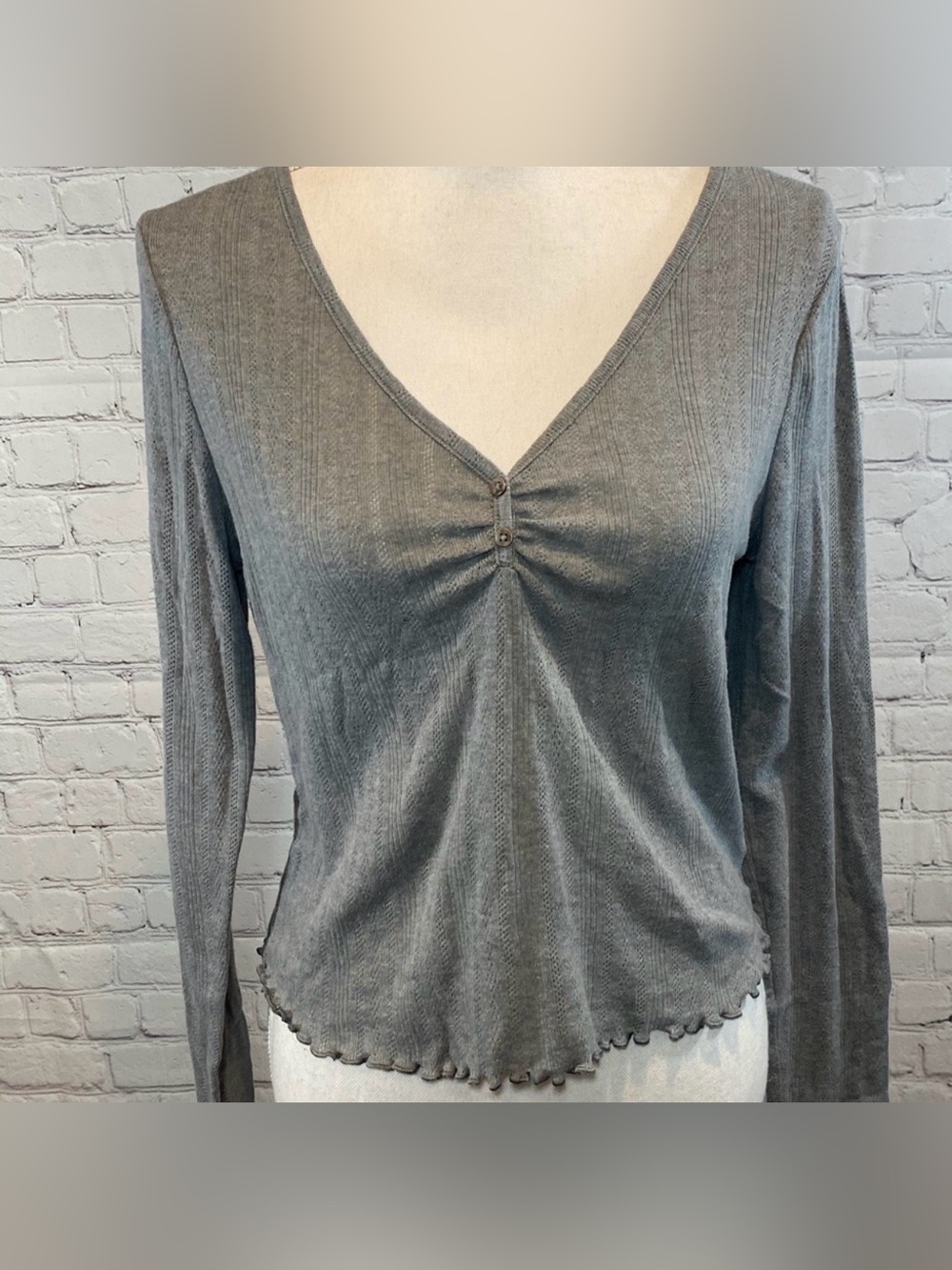 WILD FABLE Knit Pointelle Lettuce Hem Gray Henley NWT Small
